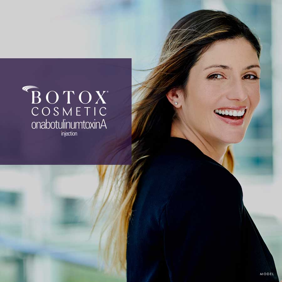 Botox ad featuring a happy female model in a suit jacket