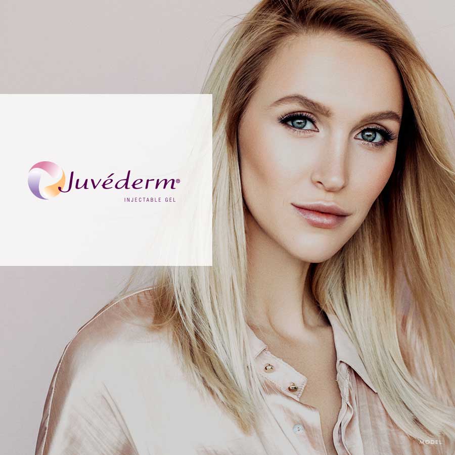 Headshot of a female model with the Juvederm logo