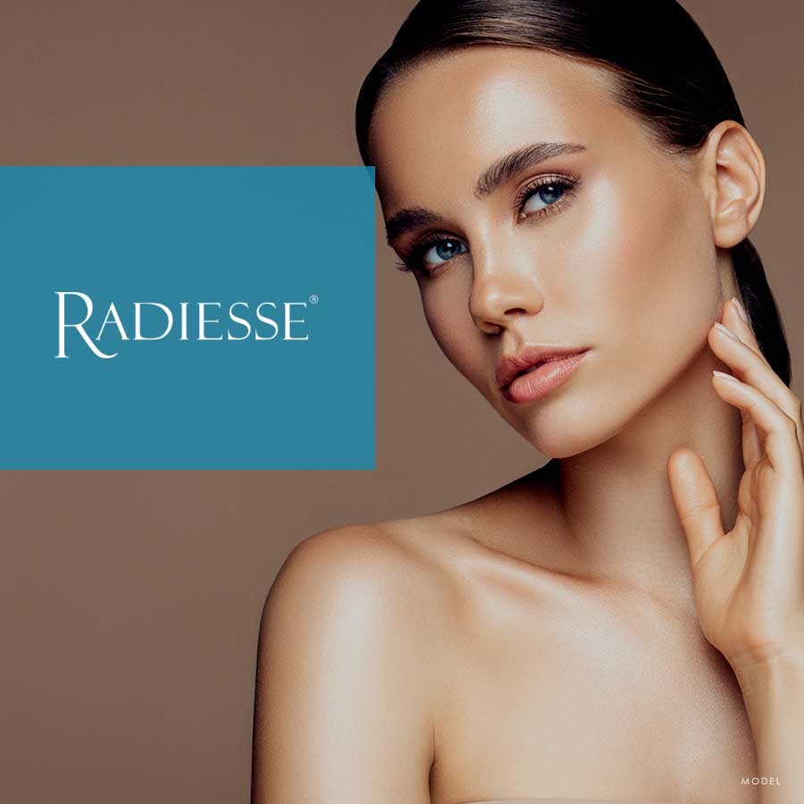 Radiesse logo featuring a female model caressing her jawline